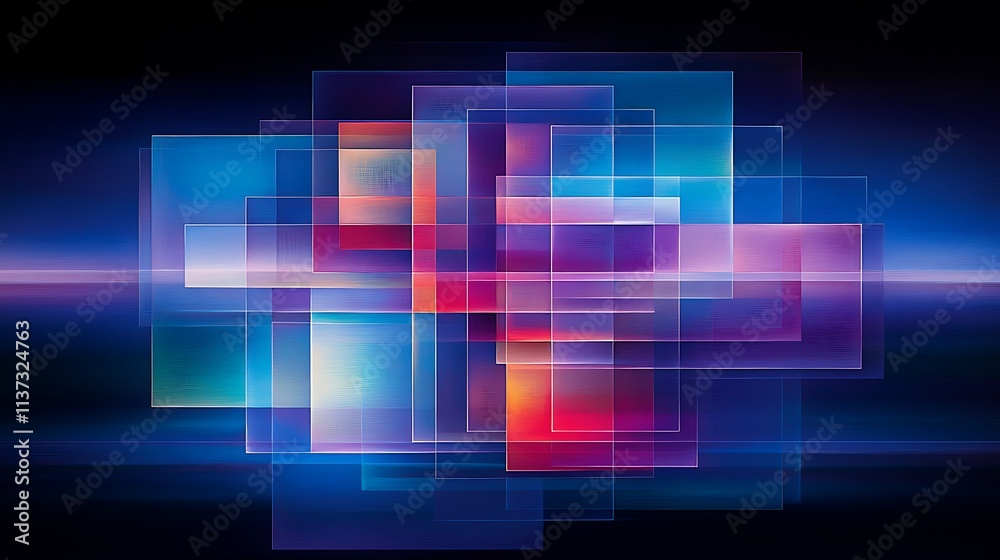 Poster abstract geometric composition with layered colorful rectangles on dark background for modern design