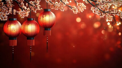 Fototapeta premium Cheerful seasonal celebration theme with glowing red lanterns and white flowers evokes the Year of the Snake, perfect for holiday invitations or event decorations.