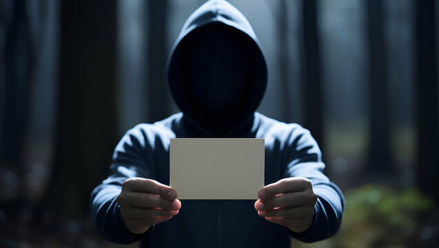A hacker holds blank business card, Hooded man hacker showing blank card, anonymous man showing blanck white card