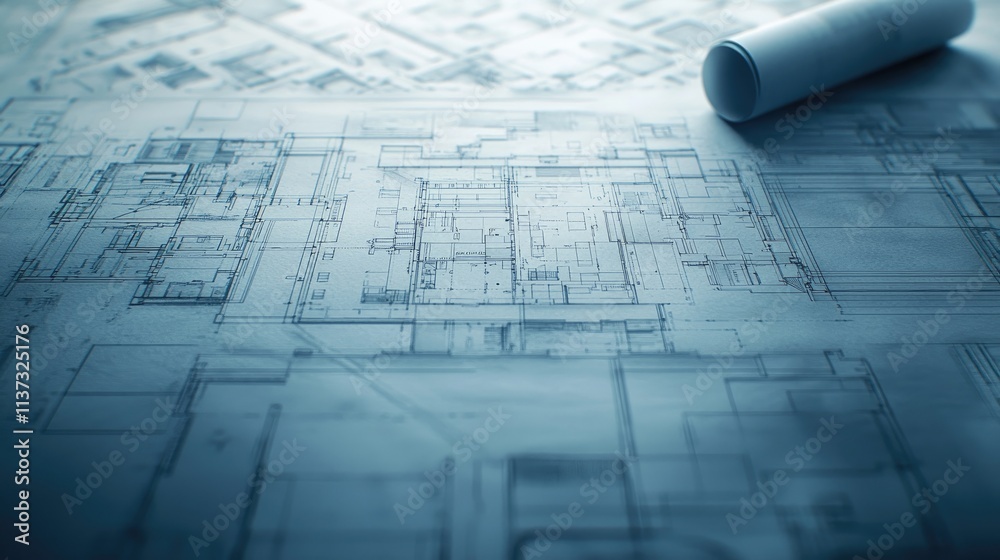 Poster high-resolution architectural blueprint featuring detailed layouts and rolled plans, perfect for sho