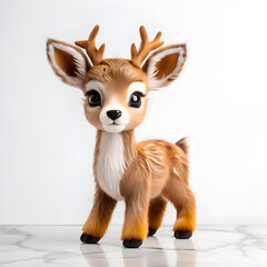 Obraz premium A cute toy Fawn made of artificial fur stands on a white marble table on a light background