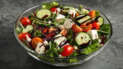 A colorful salad featuring greens, tomatoes, cucumbers, and cheese.