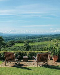 Fototapeta premium A serene outdoor seating area overlooking lush green hills.