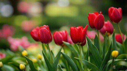Obraz premium A vibrant display of red tulips surrounded by lush greenery.