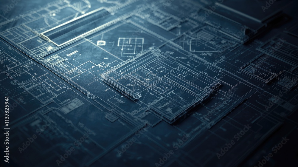 Poster high-resolution architectural blueprint featuring detailed layouts and rolled plans, perfect for sho