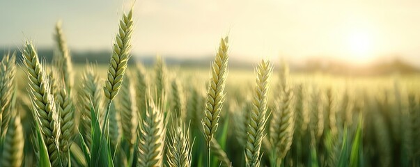 Fototapeta premium Wheat sustainability idea. Golden wheat field under a warm sunset sky, symbolizing growth and harvest.