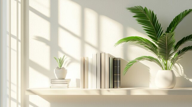 A serene and bright minimalist shelf adorned with books and a lush plant, creating a cozy and inviting atmosphere in a modern interior space filled with soft light.