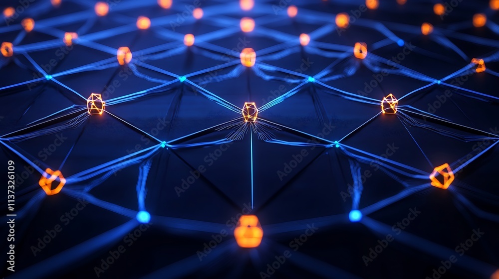 Poster abstract network connection with bright nodes arranged in geometric patterns on a dark background