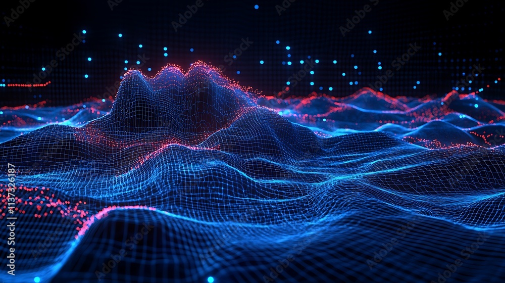 Poster abstract network visualization of colorful waves with dots and lines in dark background for technolo
