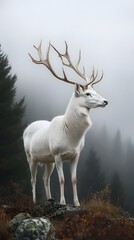 Obraz premium A majestic white deer with perfect antlers, and beautiful mountain forest views