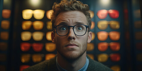 Astonished Man in Eyeglasses, Background of Blurred Spectacles,  Intrigued Expression,  Display of Colorful Frames, Optical Shop Ambiance