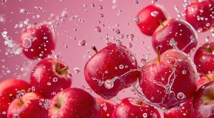 Fresh red apples splashing in water against a pink background.