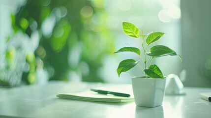 Sustainability, ESG, Health, Environmental  Concept: Healthy green plant on table with notebook and pen, symbolizing health advice and wellness tips, clean and focused image with copy space for text