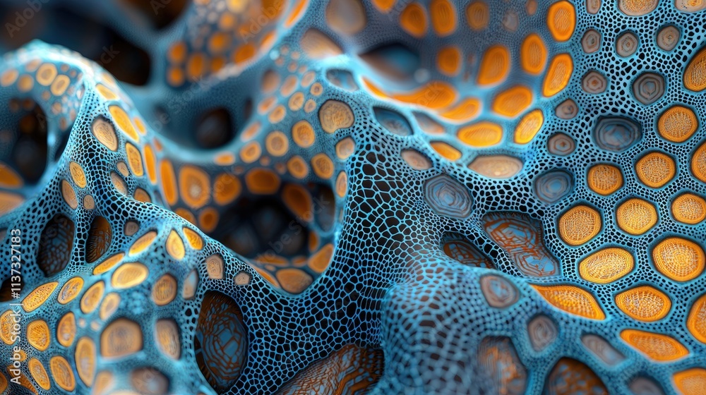 Aufkleber this image features an intricate abstract pattern of hexagons in vibrant blue and orange tones, crea