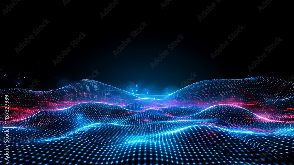 Poster Digital Waves with Bright Blue and Red Light Patterns in Dark Background for Abstract Technology Design
