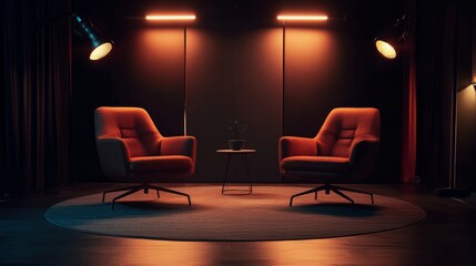 Elegant podcast studio: Two comfortable chairs facing each other under artistic lighting, dark environment for added branding flexibility.