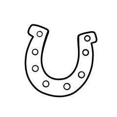 A black and white outline drawing of a golden horseshoe. The horseshoe has a detailed nail head. Horseshoes are a classic symbol of good luck and fortune.