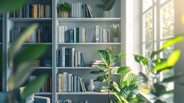 This image showcases a modern bookshelf filled with books and decorative items, complemented by lush green plants, creating a bright and inviting minimalist interior desi