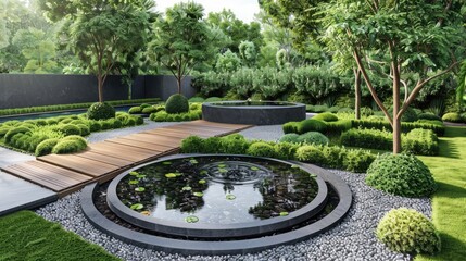 Serene Modern Garden with Stone Ponds and Wooden Pathway