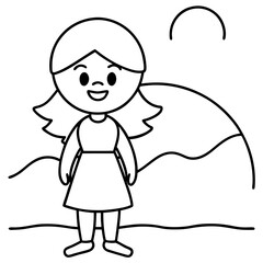 cartoon girl enjoying a sunset at a beach kids traveling Line Art coloring book Vector design