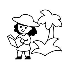 cartoon girl exploring a jungle with a map kids traveling Line Art coloring book Vector design