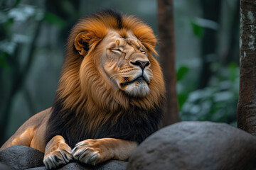 Fototapeta premium Majestic male lion resting with eyes closed.