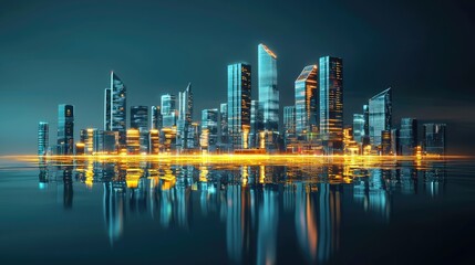 Fototapeta premium A stunning futuristic city skyline illuminated by neon lights, depicting a high-tech urban environment at night, showcasing modern architecture and digital aesthetics.