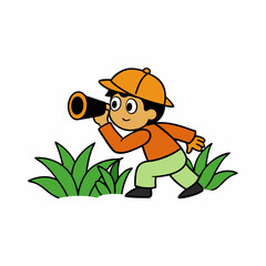 a kid exploring a jungle with binoculars cartoon