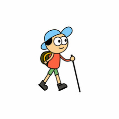 a kid hiking with a small walking stick cartoon