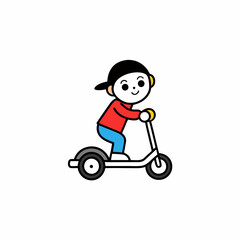 a kid riding a scooter on a cobblestone street