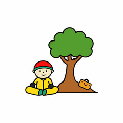 a kid sitting under a tree with travel gear cartoon