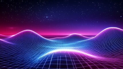 Futuristic Abstract Landscape with Neon Lights and Grid Pattern in Cosmic Background