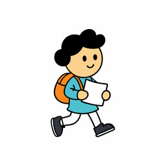 child running with a laptop a kid walking with a backpack and a map cartoon