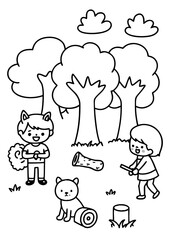 animals need homes a forest with tree climate change Line Art coloring book Vector design