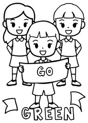 climate hero a group of kids holding banners climate change Line Art coloring book Vector design