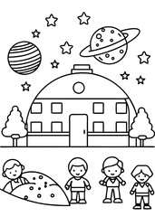 mars lands school draw school where kids lear Mars mission Line Art coloring book vector design © Dekhan