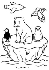 melting ice and polar bears penguin birds climate change Line Art coloring book Vector design