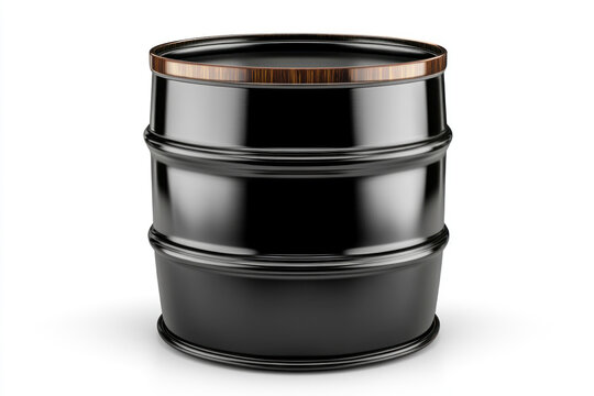 Black barrel with wooden lid, sitting beside rustic wooden crates and antique tools, against a weathered brick wall.