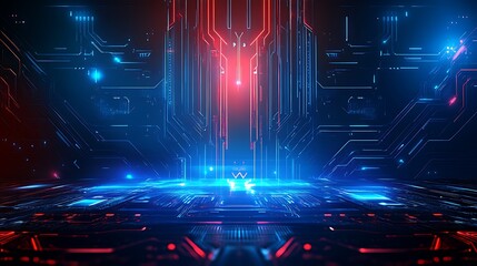 Obraz premium Futuristic Abstract Technology Background with Neon Lights and Circuit Patterns in Blue and Red Hues