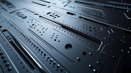 Abstract dark metallic surface with repeating patterns, rivets, and textures.