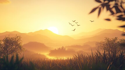 Fototapeta premium Stunning view of sunrise casting soft light over layered hills, creating a peaceful atmosphere in a radiant natural landscape. A perfect backdrop for nature lovers and ad