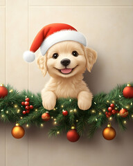 Adorable golden retriever puppy wearing Santa hat peeking over Christmas garland.