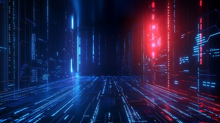 Futuristic Data Corridor with Neon Lights and Digital Patterns in a Sci-Fi Environment