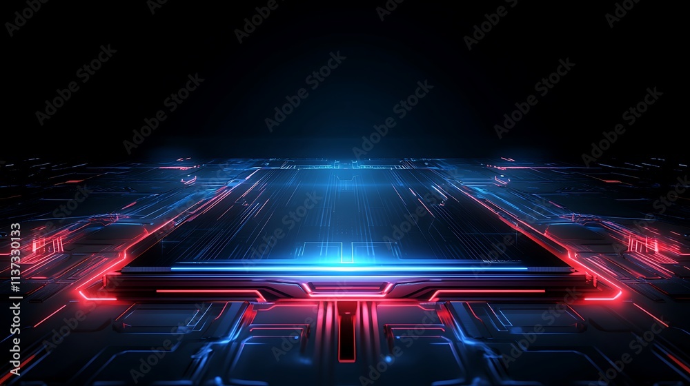 Poster futuristic digital background with neon lines and circuit patterns in blue and red color scheme