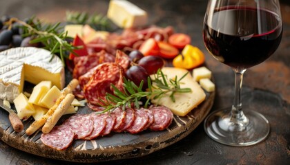 A charcuterie board with cheese, meats, grapes, and red wine.