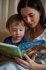 Mother and child reading a storybook in bed, sharing a quiet and intimate moment
