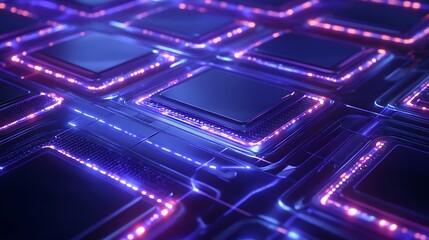 Futuristic Digital Circuit Board with Neon Lights and Microchips in an Abstract Technology Layout