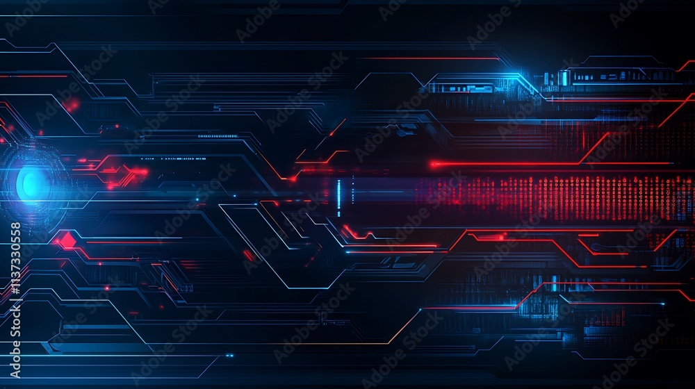 Poster futuristic digital interface with technological elements and abstract data visualization in blue and