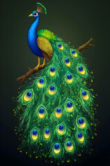 Vibrant peacock perched on branch, displaying iridescent plumage.