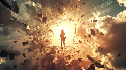 A figure standing on top of a shattered glass ceiling, with abstract clouds and sunlight shining through, breaking boundaries and achieving empowerment. Shattered. Illustration